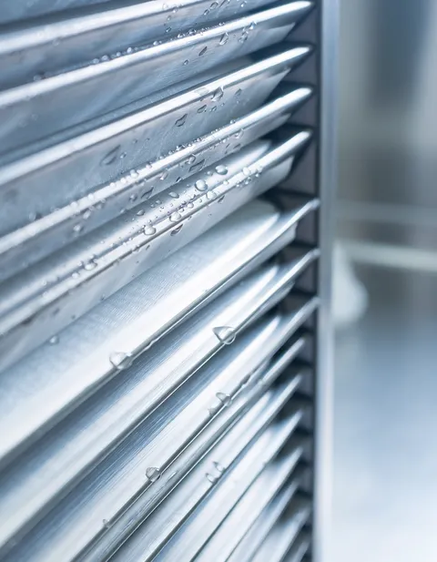 Stainless steel baffle filters in a commercial kitchen hood
