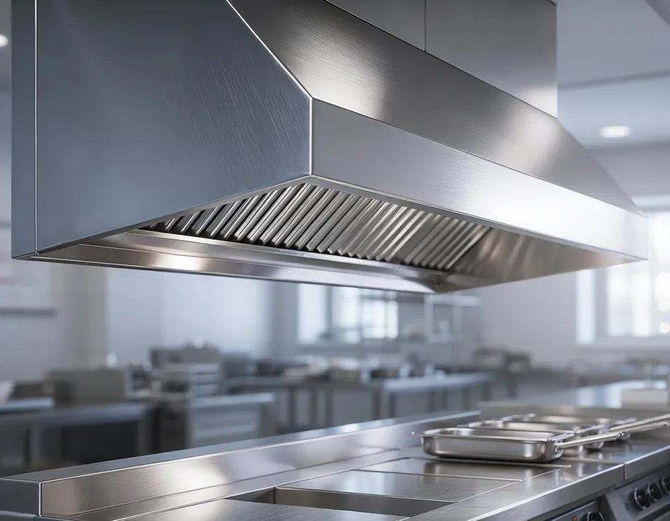 clean commercial kitchen exhaust hood over a cook line