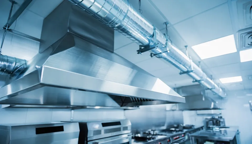Kitchen exhaust ductwork running to a rooftop fan